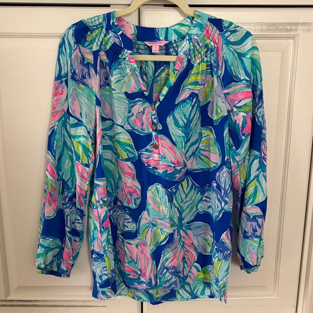 Lilly Pulitzer Blue and Pink Leaf Print Blouse
